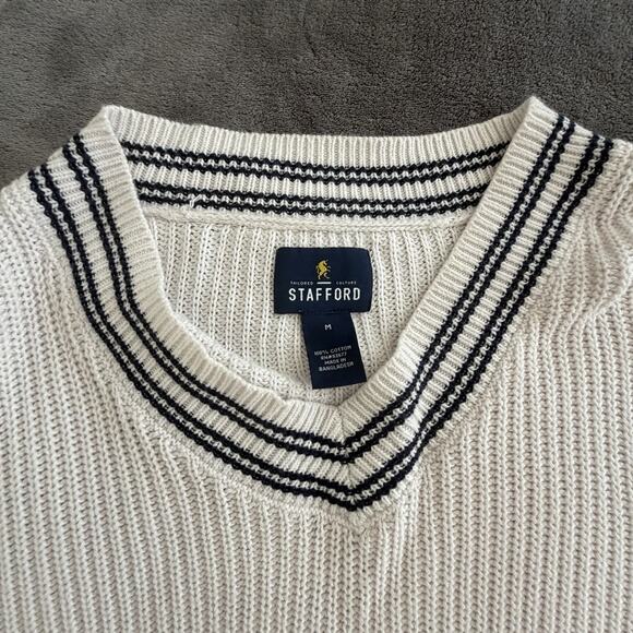 Stafford White Chunky-Knit Cotton Pullover Sweater V-Neck Striped Trim Men's M - Picture 3 of 5